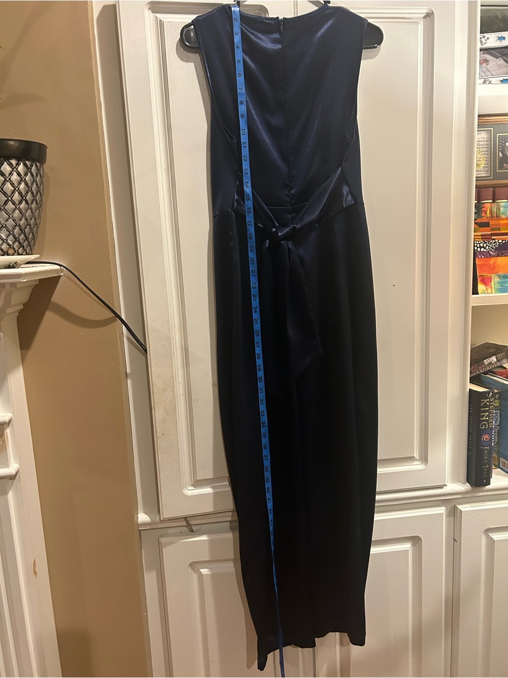 Navy Satin Wrap-Front Jumpsuit - Picture 2 of 15